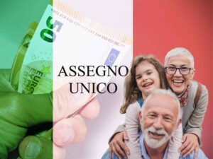 sfondo scritta assegna unico, primo piano nonni con nipote
