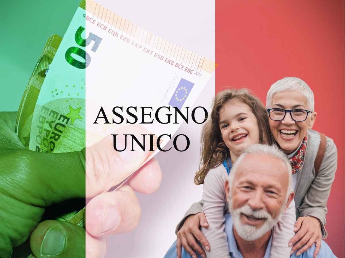 sfondo scritta assegna unico, primo piano nonni con nipote