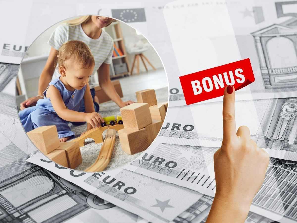 sfondo banconote euro, scritta bonus e foto di baby sitter con bambino