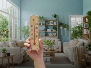 casa con piante e mano che mostra termometro