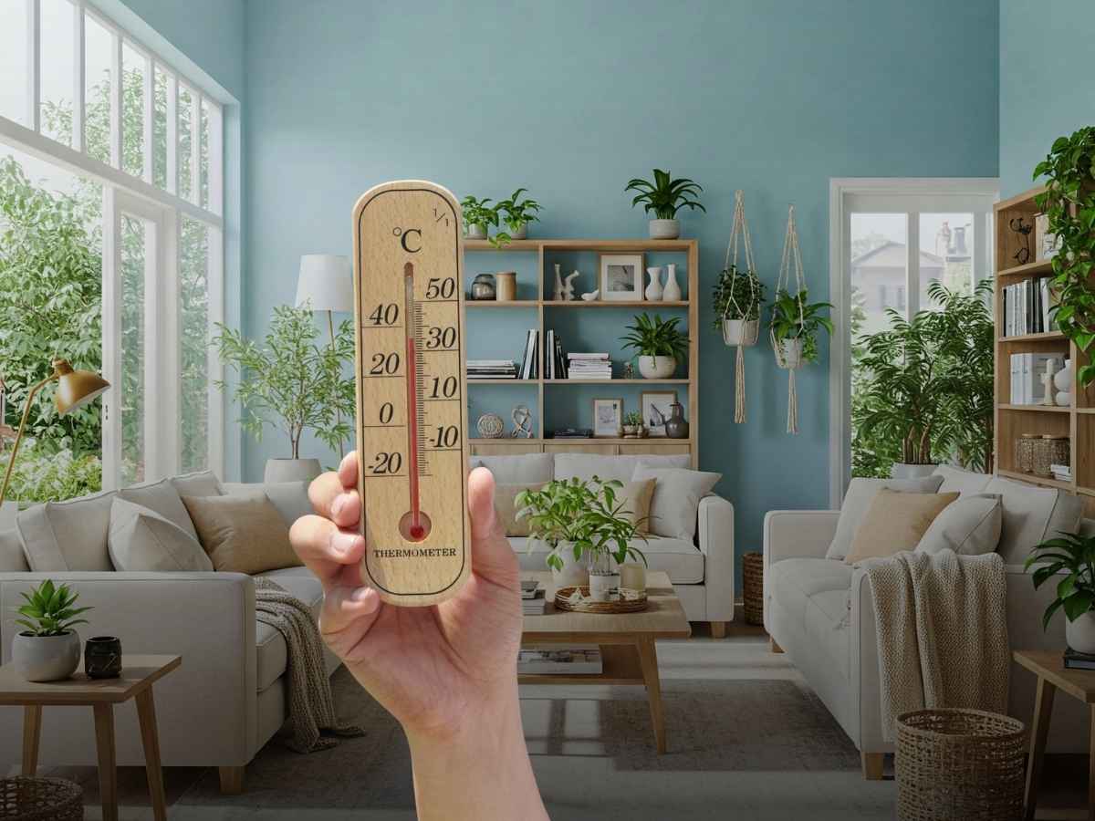 casa con piante e mano che mostra termometro