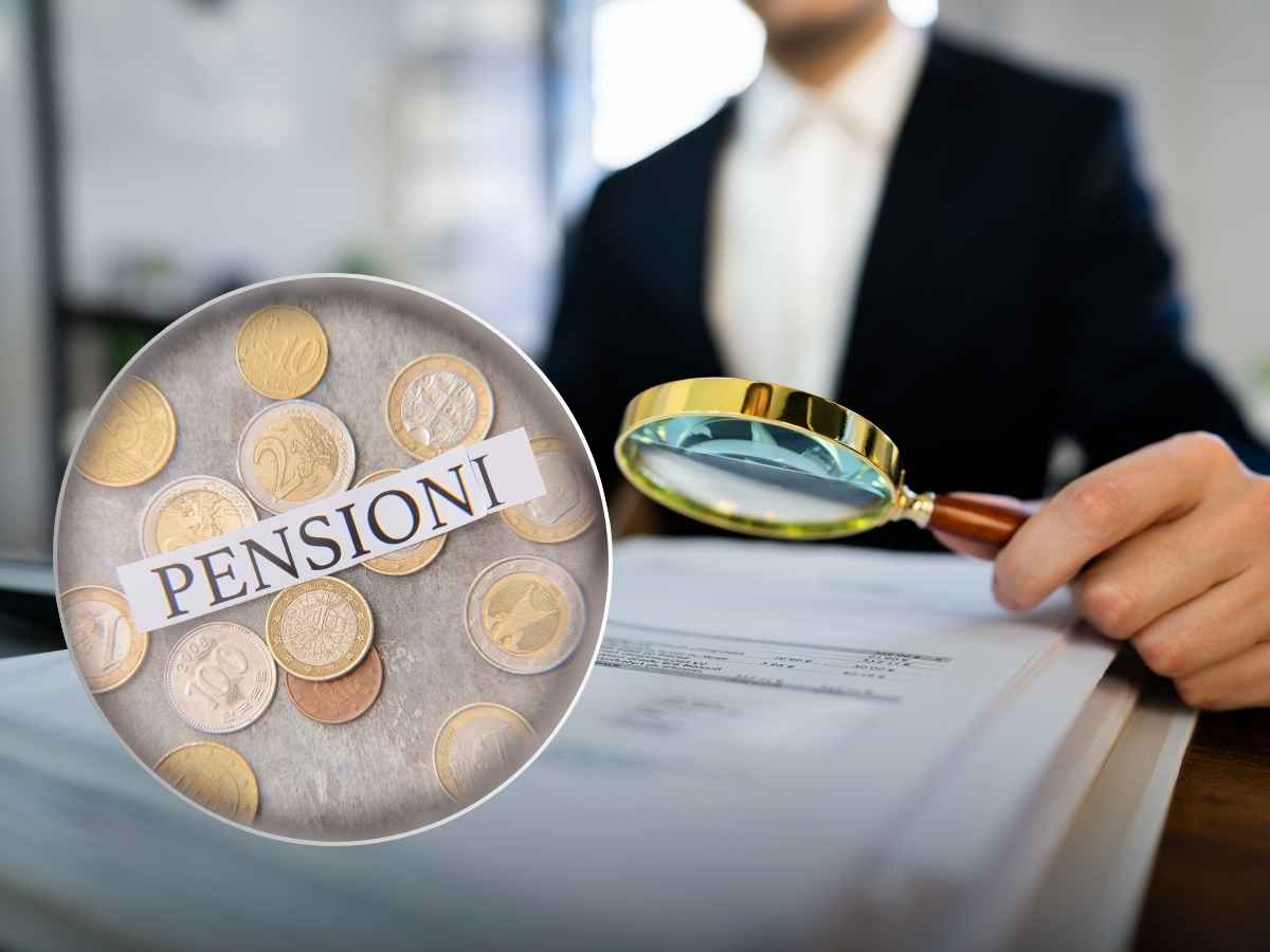 sfondo uomo che esamina documenti, in primo piani scritta pensioni