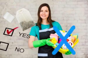 donna con detersivi in mano con una x e una bustina di tè con il si