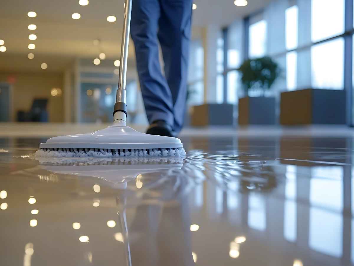 persona che pulisce il pavimento che risulta molto lucido