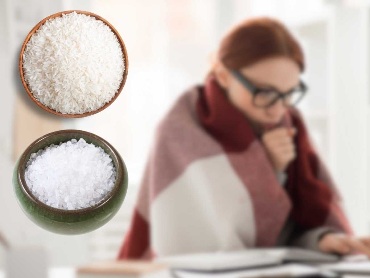 sfondo donna seduta al pc che sente freddo, in primo piano una ciotola di sale e una di riso