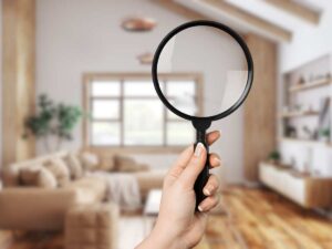 salotto sfondo e lente di ingrandimento in primo piano