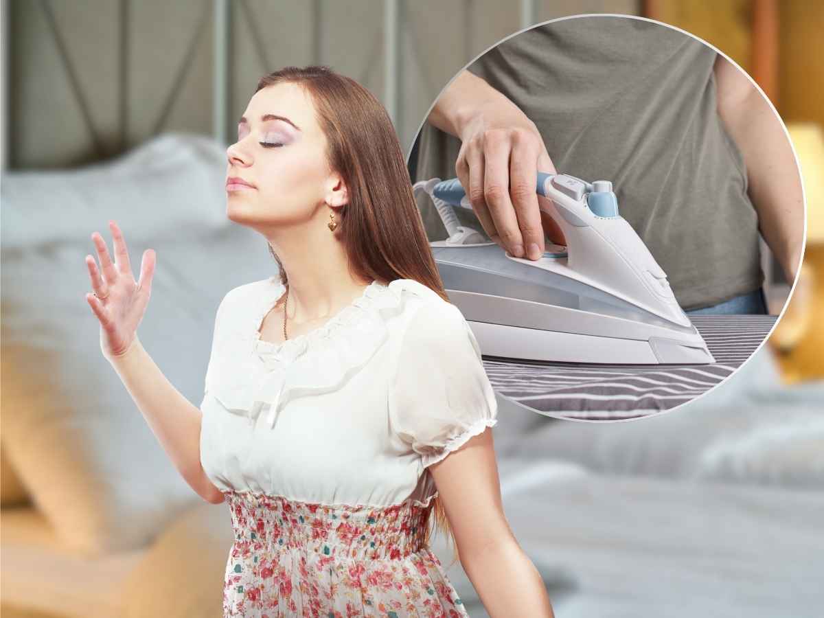 sfondo letto, in primo piano donna che annusa e ferro da stiro