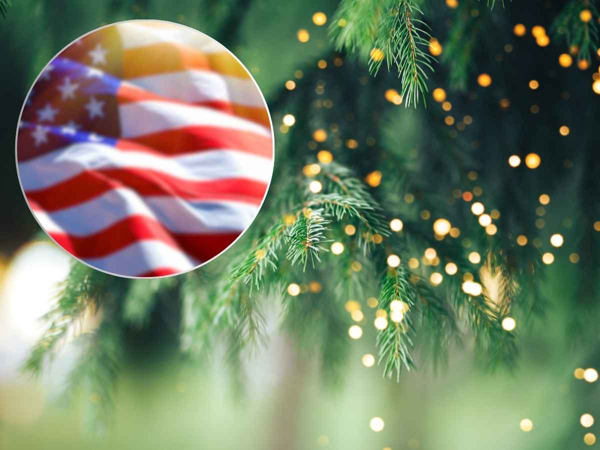 sfondo albero di natale e bandiera americana