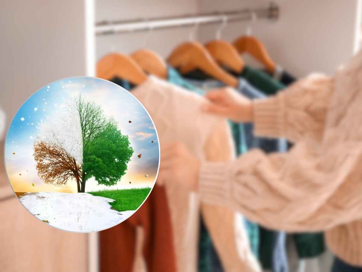 sfondo vestiti sulle stampelle, primo piano cambio stagione