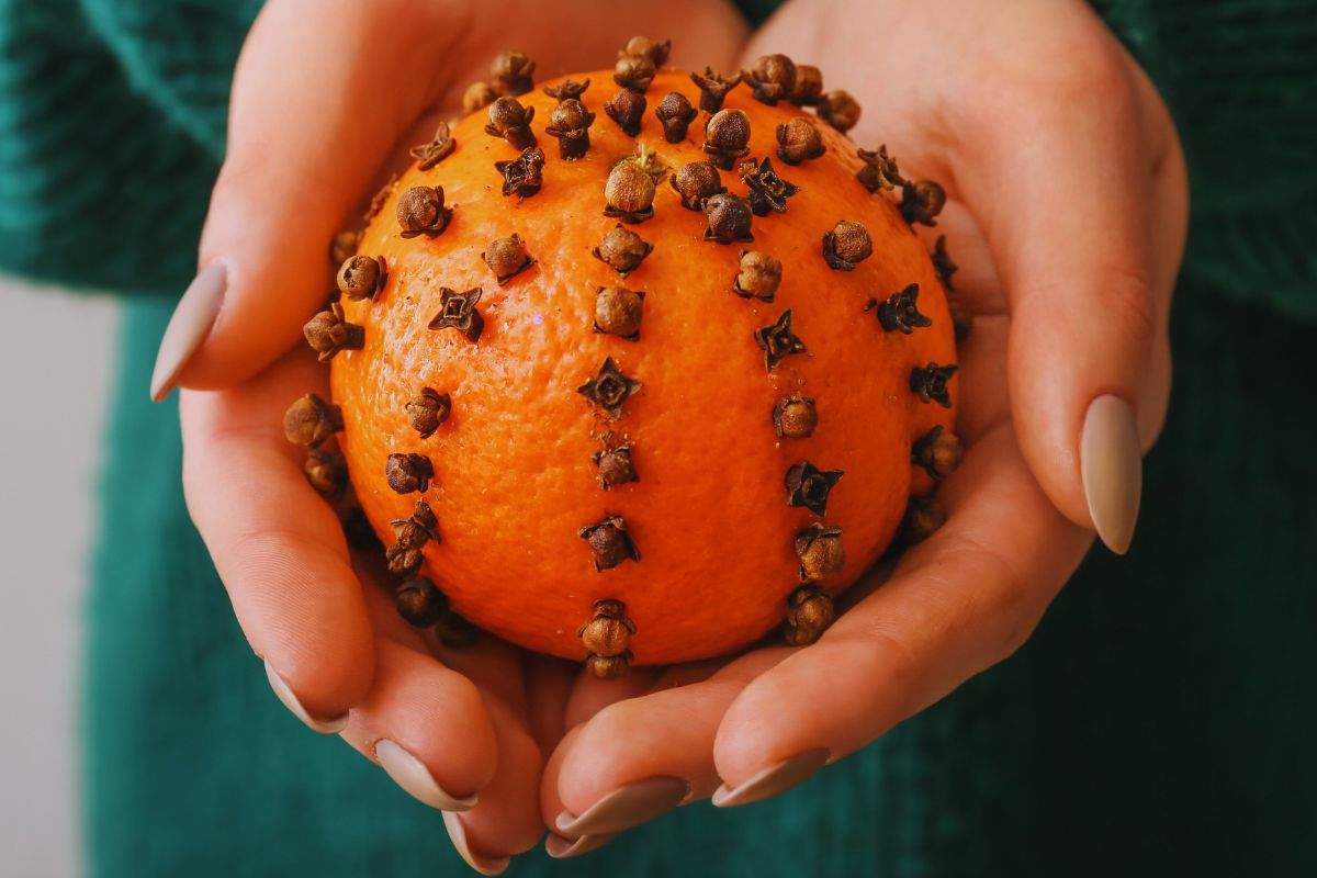 Donna che mostra un pomander completo