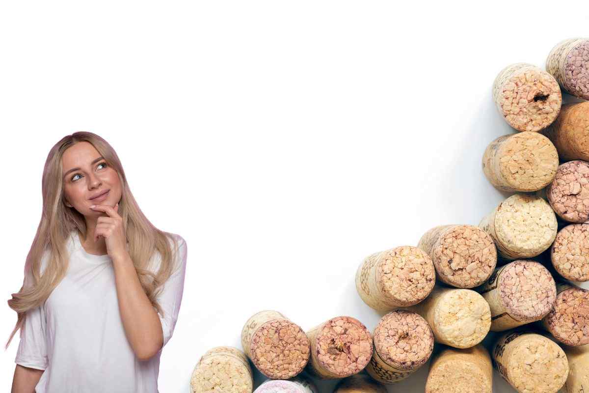 Donna che riflette e tappi di sughero