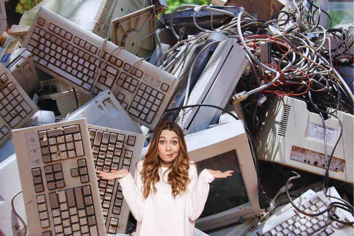 Donna perplessa e apparecchiature elettroniche da smaltire