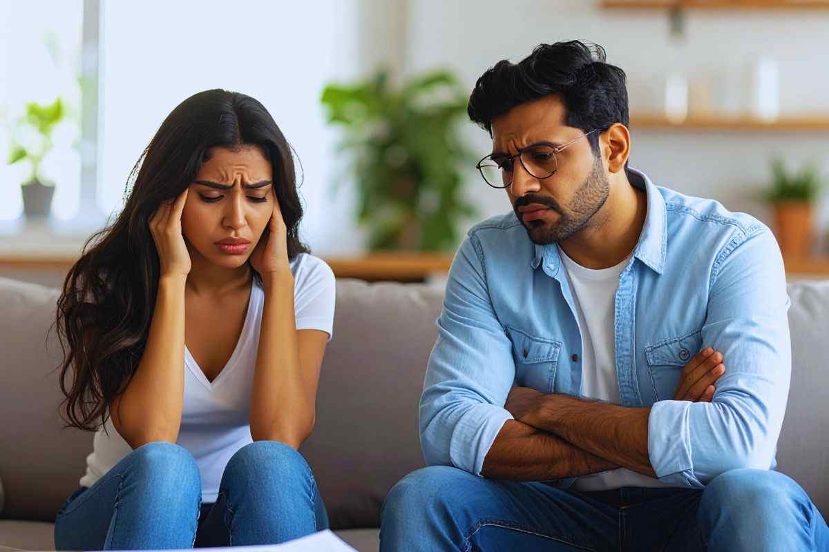 Ragazzi su divano preoccupati dai conti da pagare