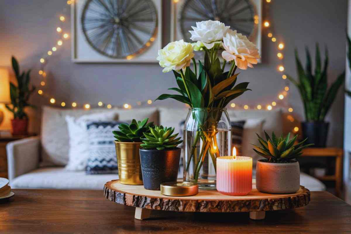 Piante e candele poggiate sopra a tavolino