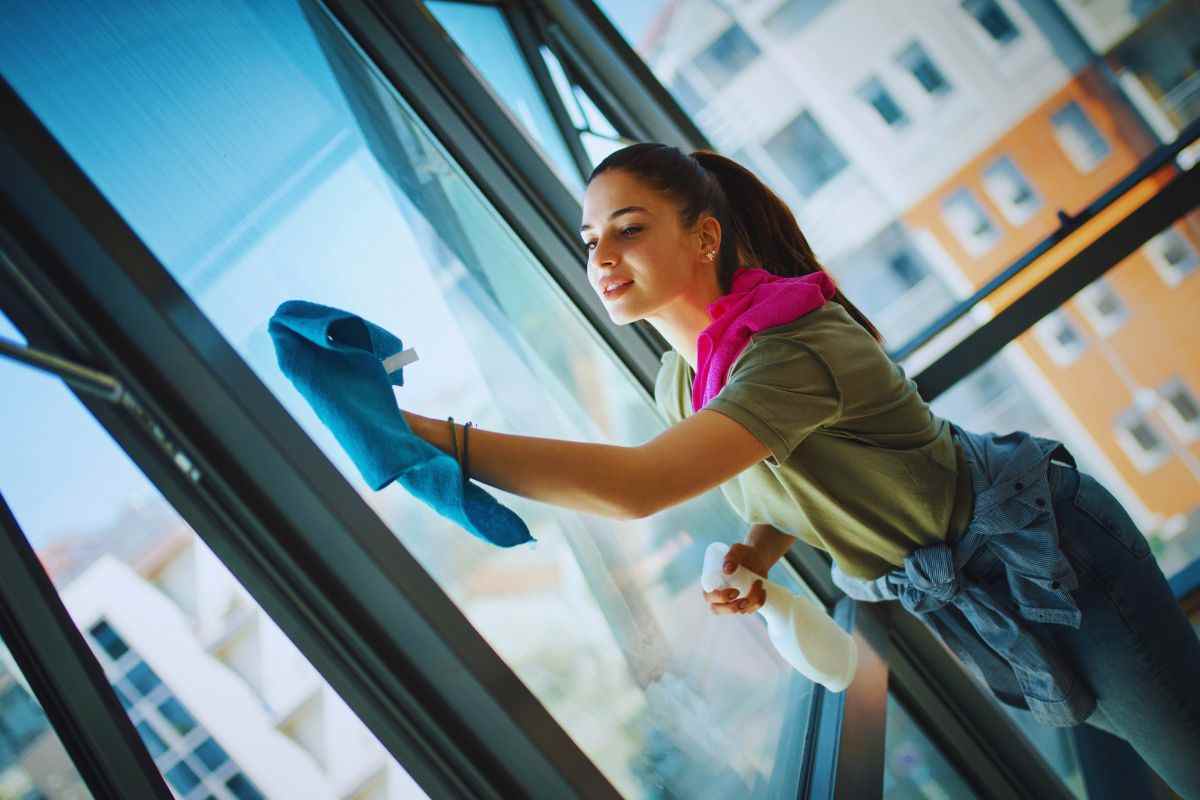 Ragazza che pulisce le finestre