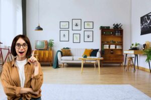 Donna con espressione sorpresa e stanza con mobilio classico