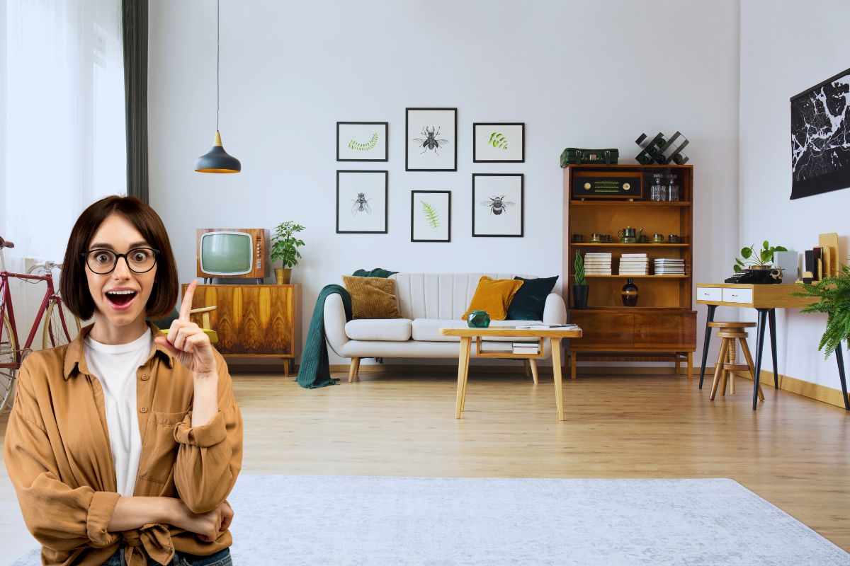 Donna con espressione sorpresa e stanza con mobilio classico