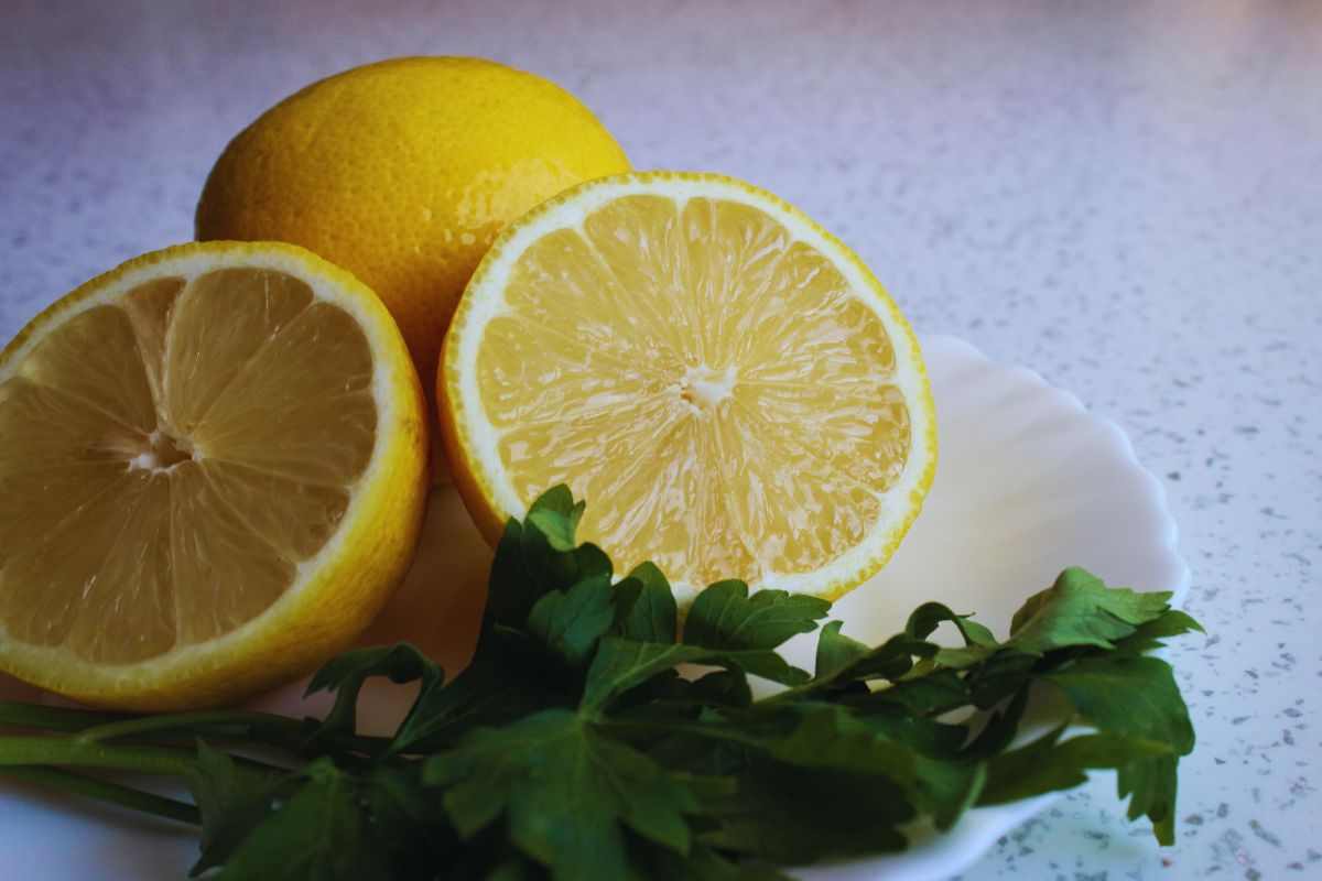 Limoni e mazzo di prezzemolo poggiati su un piatto