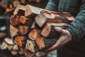 Uomo porta la legna da ardere