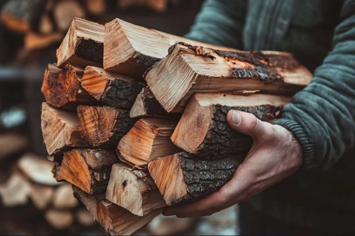 Uomo porta la legna da ardere