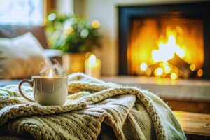 Candela su divano e camino acceso