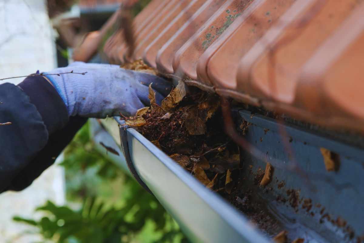 Persona che pulisce la grondaia