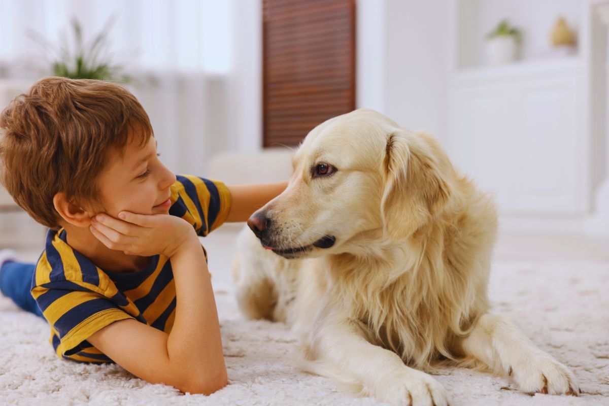 Bimbo che abbraccia cane su tappeto