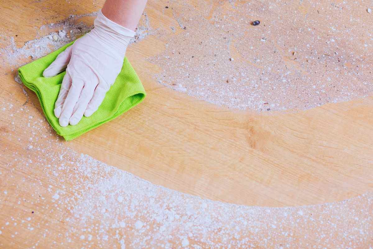 Donna che rimuove polvere con un panno
