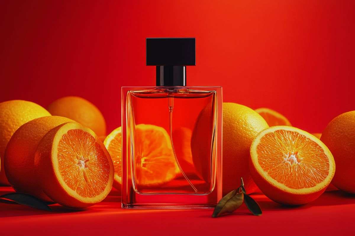 Boccetta profumo con accanto arance sane e tagliate