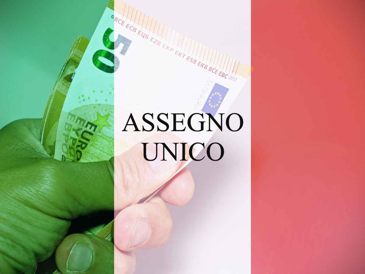 bandiera italia, scritta assegno unico e mano che tiene banconote