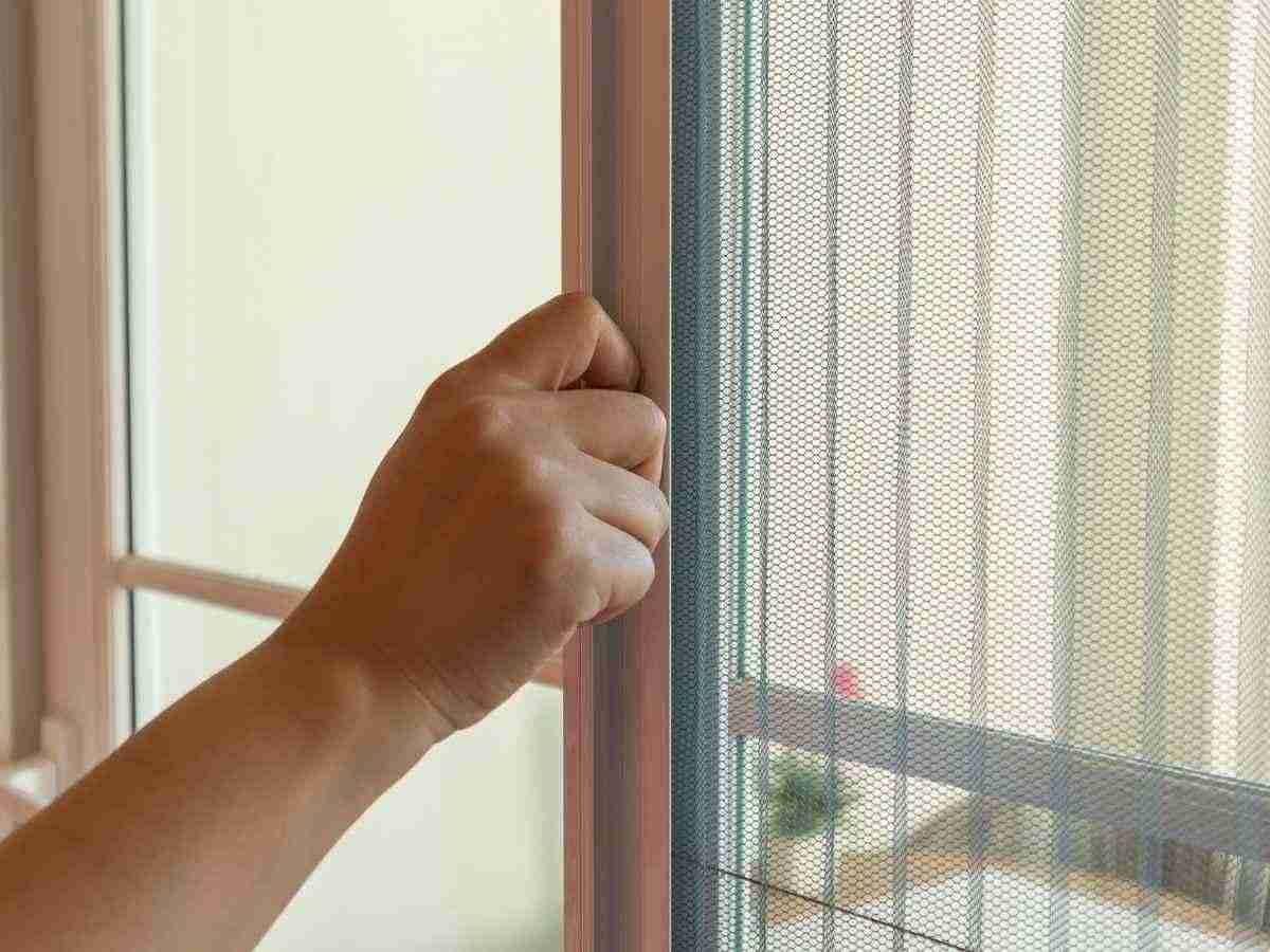 persona che apre zanzariera della finestra