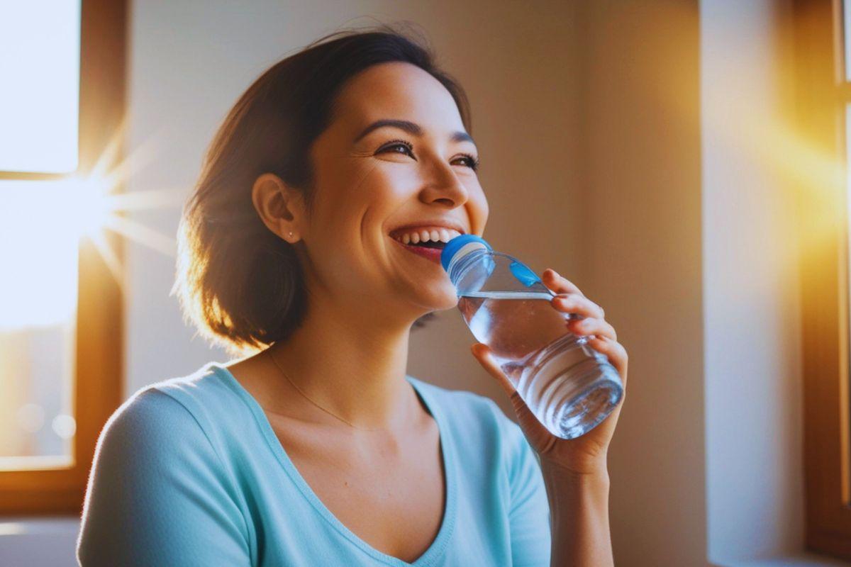 Ragazza sorridente che beve acqua