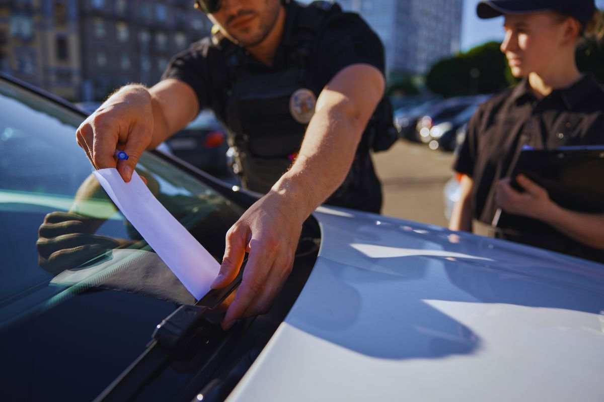 Agenti che pongono una multa sotto il tergicristallo dell'auto