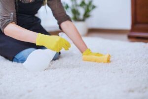 Donna in ginocchio che pulisce un tappeto