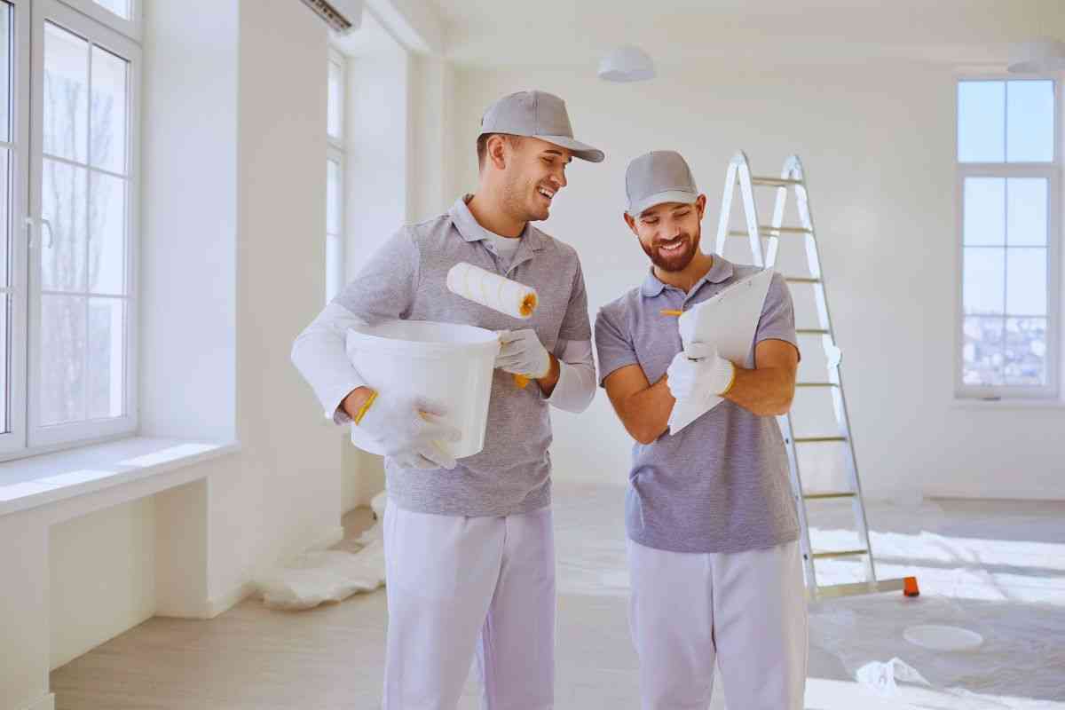 Operai che parlano tra loro all'interno di una stanza vuota