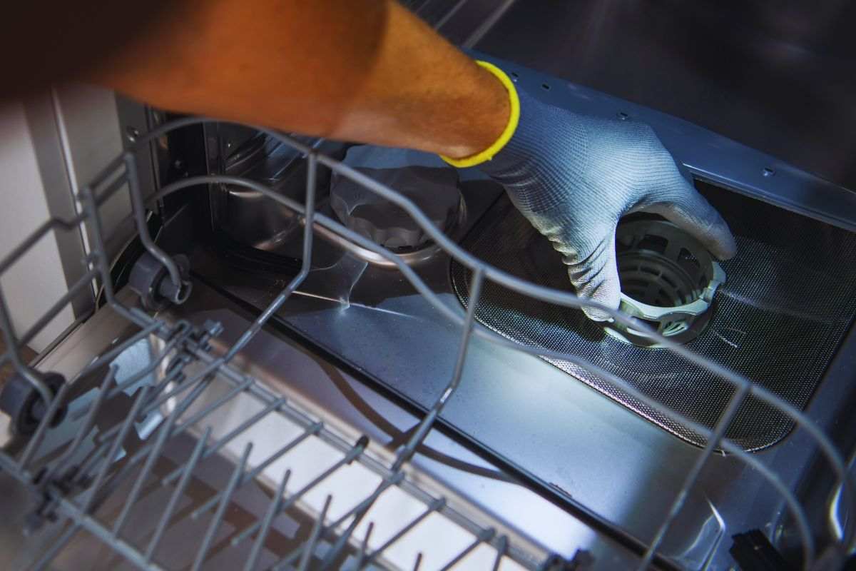 Persona che smonta il filtro della lavastoviglie