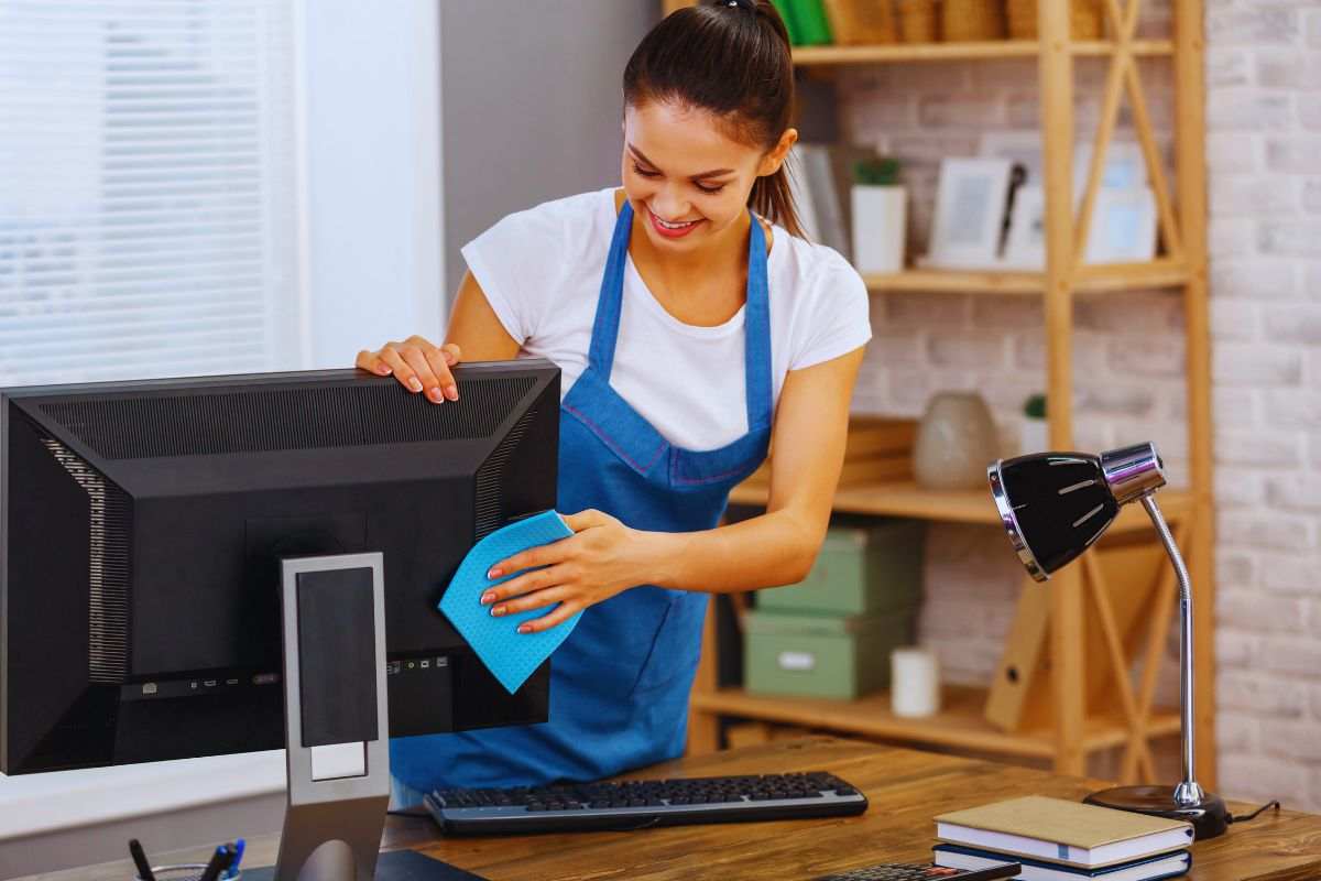 Ragazza sorridente che pulisce monito computer