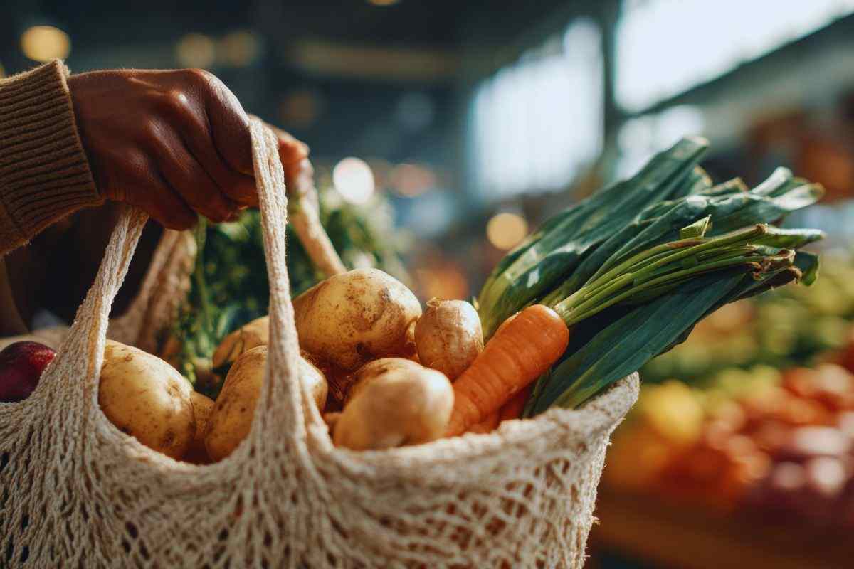 donna che tiene in mano la busta della spesa